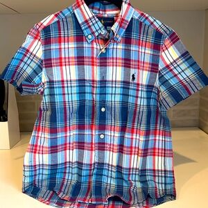 Like New! Boys polo Ralph Lauren Blue/Red Plaid Short sleeve button down shirt